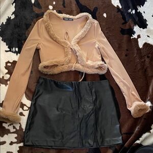 “Shein & Divided H&M” Tan Faux Fur Trim Cardigan and Black Pleather Skirt Set!